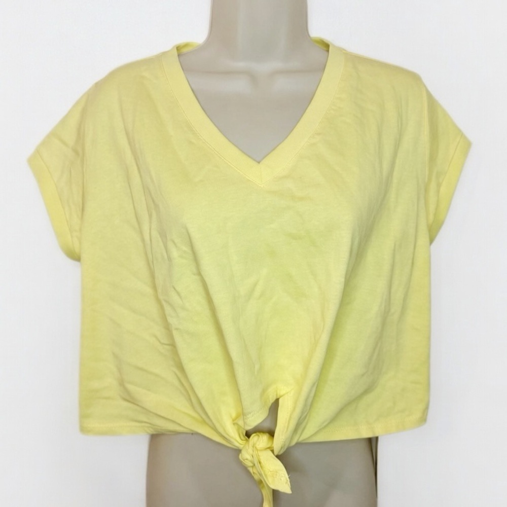 Commense Crop Top Yellow Tie Front Cotton V Neck Tee NWT Size M